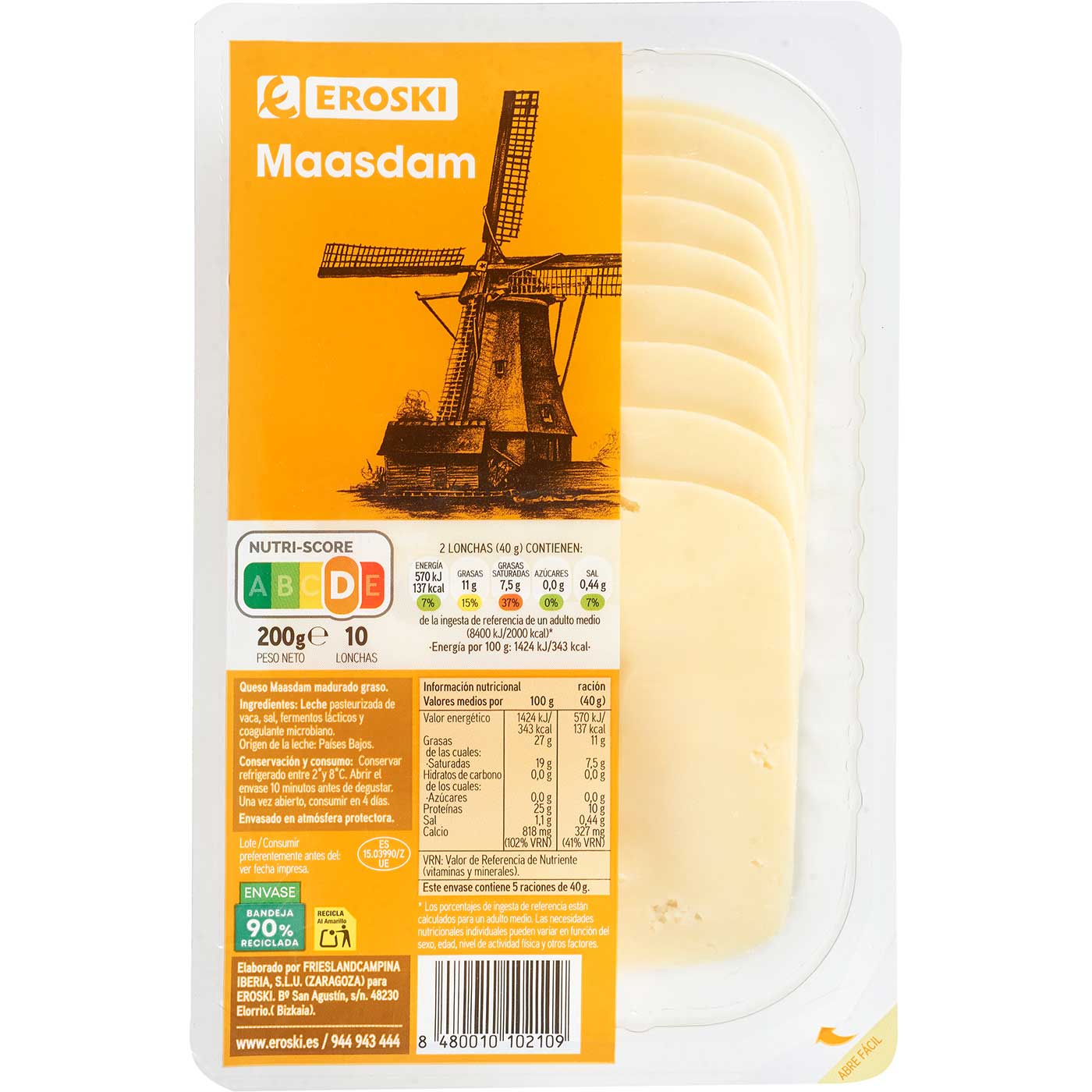 Queso Maasdam EROSKI, lonchas, bandeja 200 g