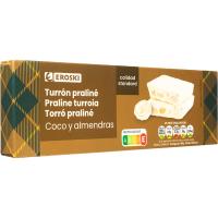 Turrón praliné de chocolate blanco y coco EROSKI, caja 145 g