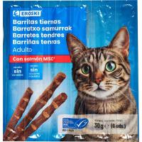 Barritas tiernas con salmón para gato EROSKI, paquete 6x5 g Barritas tiernas con salmón para gato EROSKI, paquete 6x5 g
