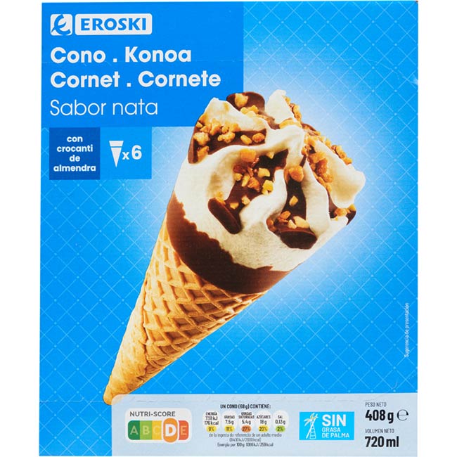 Cono sabor nata EROSKI, pack 6x120 ml