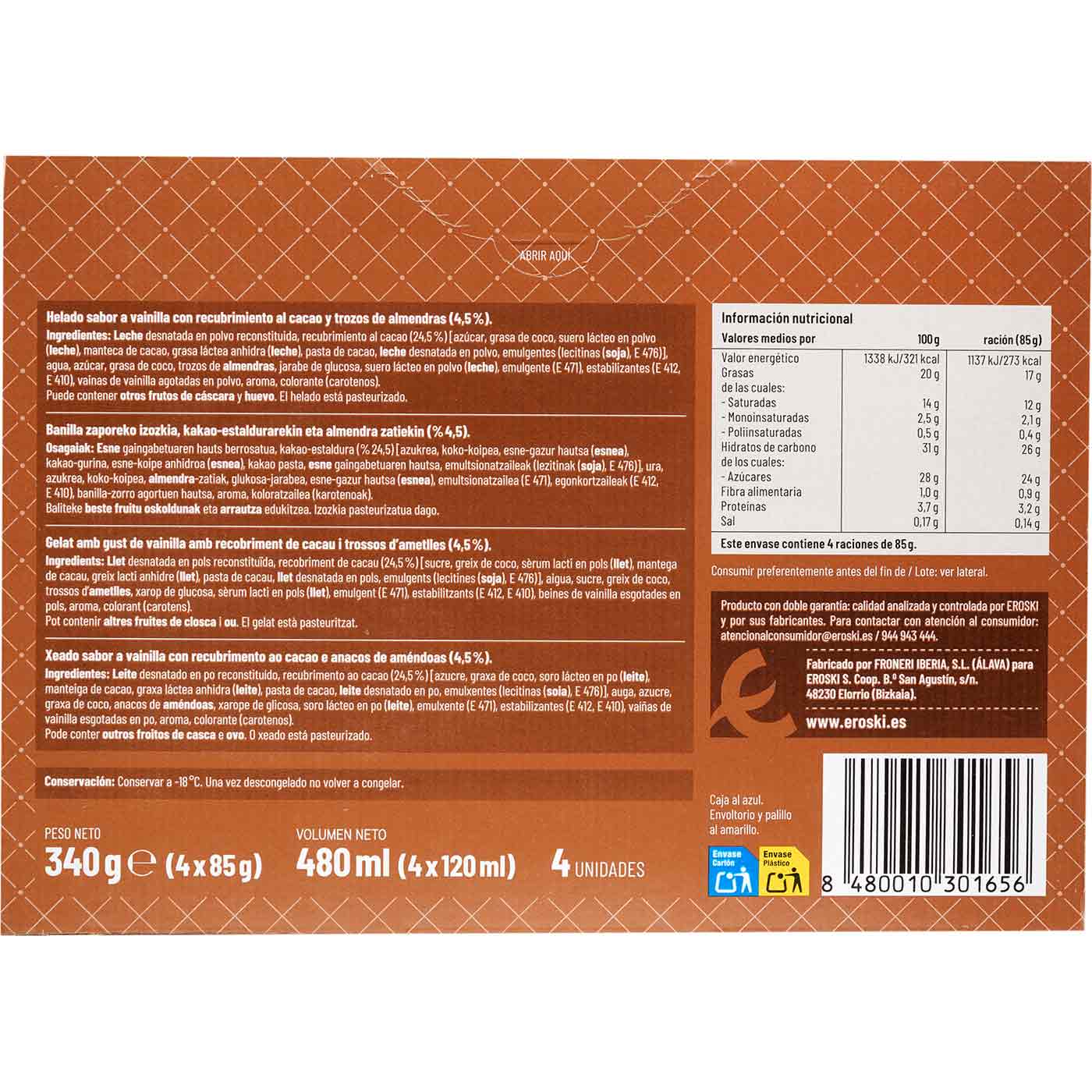 Helado almendrado EROSKI, pack 4x120 ml