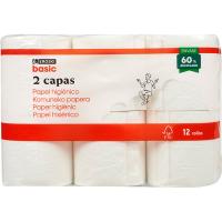 Papel higiénico 2 capas EROSKI BASIC, paquete 12 rollos