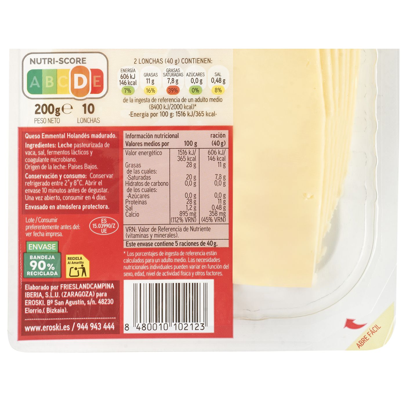 Queso Emmental EROSKI, lonchas, bandeja 200 g