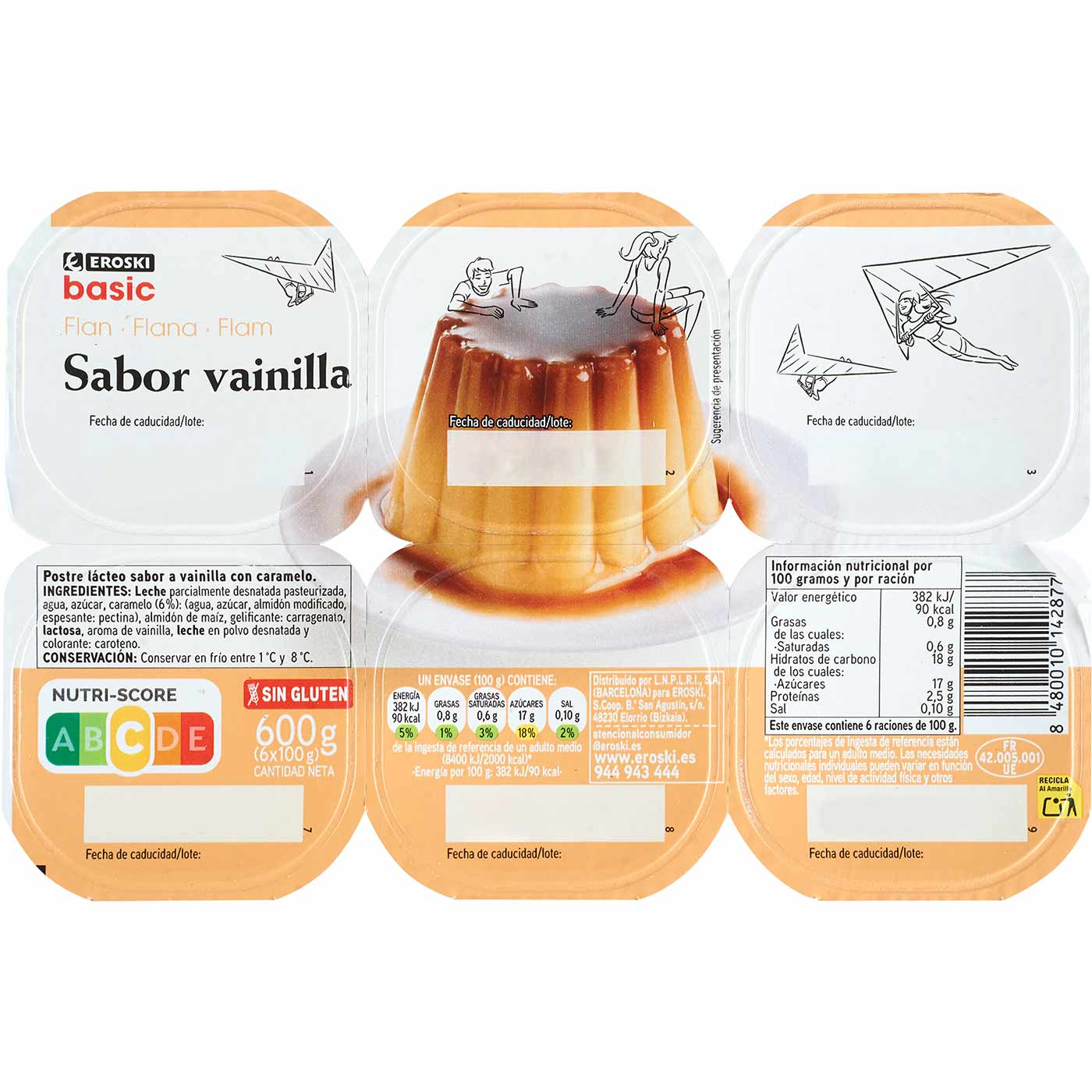 Flan de vainilla EROSKI basic, pack 6x100 g