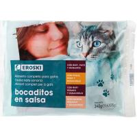 Bocaditos en salsa pouches para gato EROSKI, pack 4x85 g