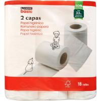 Papel higiénico blanco 2 capas EROSKI BASIC, paquete 18 uds