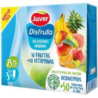 Zumo sin azúcar 10 frutas + 10 vitaminas JUVER, pack 3x200 ml