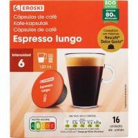 Café lungo compatible Dolce Gusto CDG EROSKI, caja 16 uds