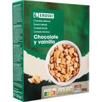 Cereales rellenos de chocolate-vainilla EROSKI, caja 500 g