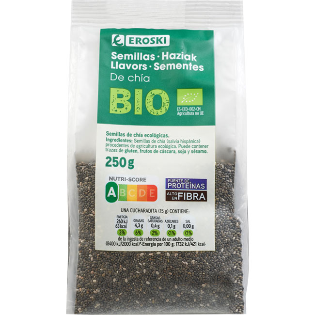 Semillas de chia EROSKI BIO, bolsa 250 g