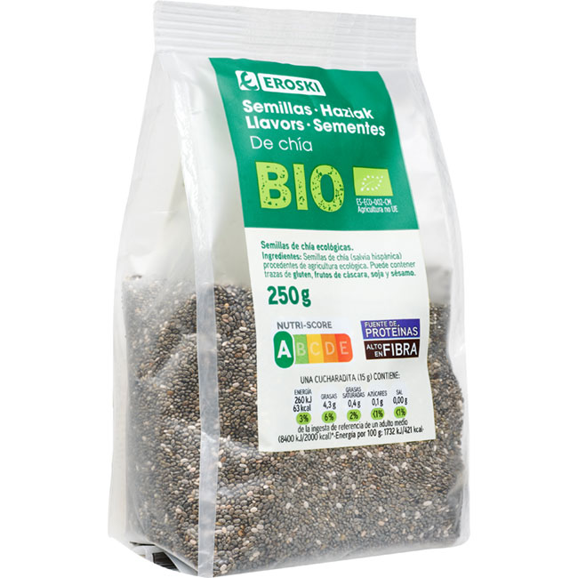 Semillas de chia EROSKI BIO, bolsa 250 g