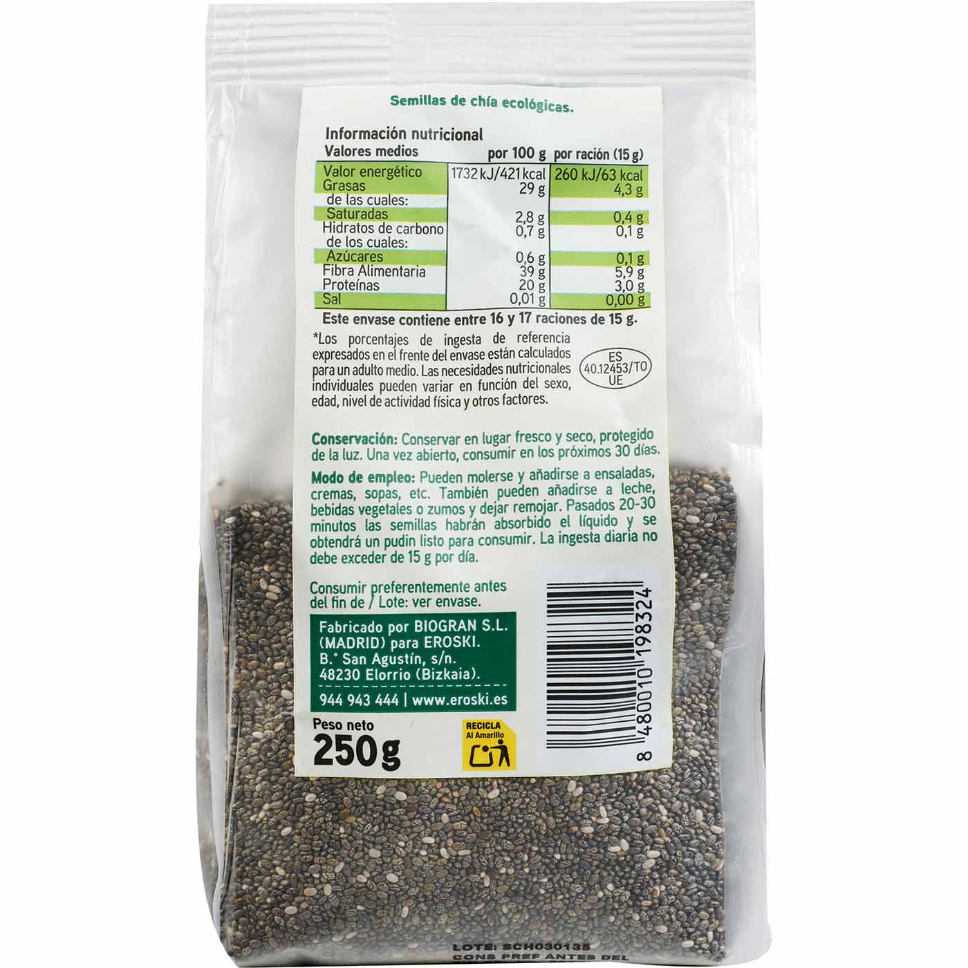 Semillas de chia EROSKI BIO, bolsa 250 g