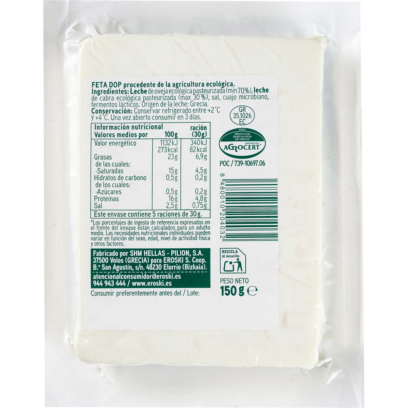 Queso feta taco EROSKI BIO, taco 150 g