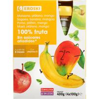 Bolsitas 100% frutas manzana y mango s/az EROSKI, pack 4x100 g