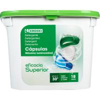 Detergente en cápsulas tricamara EROSKI, caja 18 dosis