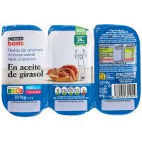 Filetes de anchoa en aceite de girasol EROSKI BASIC, pack 3x23 g